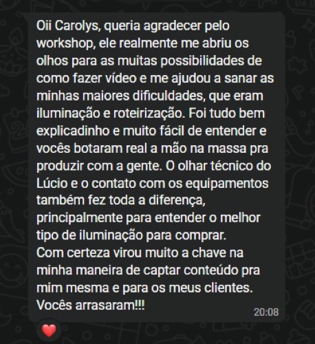 Depoimento de aluna no WhatsApp sobre o olhar técnico do Lucio