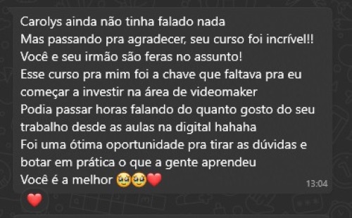 Depoimento de aluna no WhatsApp dizendo que o curso foi a chave que faltava