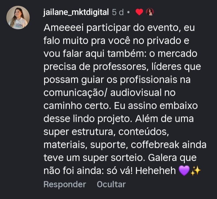 Comentário de jailane_mktdigital no Instagram elogiando o workshop