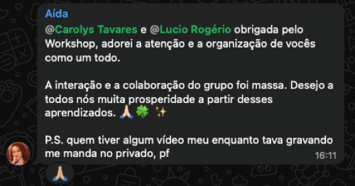 Depoimento de Aída no WhatsApp agradecendo pelo workshop